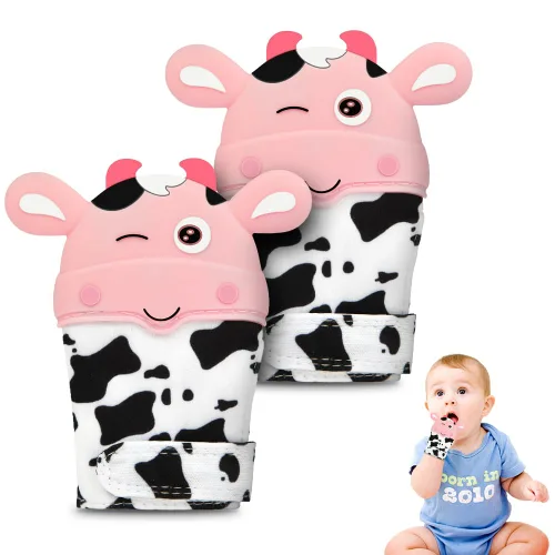 Miniatura 14 de Paquete de 2 guantes de dentición de silicona, juguete de dentición de vaca para bebés de 0 a 6 a 12 meses, guantes de dentición de silicona