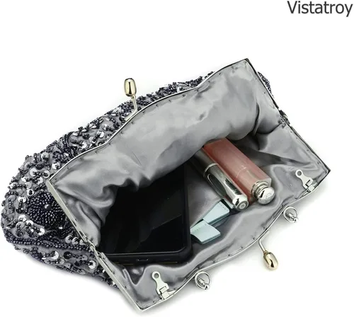 Miniatura 4 de Vistatroy Bolso de noche de diseño floral con cuentas con diseño de lentejuelas vintage cierre de beso bolso de mano de satén bolso de mano