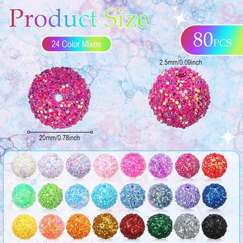 Miniatura 2 de Sasylvia 80 cuentas de goma de mascar de 0.78 pulgadas para bolígrafos, cuentas de diamantes de imitación de colores con lentejuelas, bola