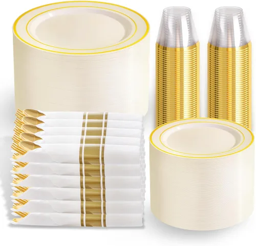 Miniatura 27 de WELLIFE 350 platos de plástico dorado transparente, 100 platos desechables, 150 cubiertos de plástico, 50 tazas, 50 servilletas para bodas y fiestas