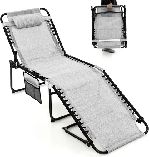 Miniatura 7 de COSTWAY Tumbona plegable, tumbona plegable para piscina con respaldo ajustable de 4 posiciones, reposapiés de 2 posiciones y almohada suave, silla