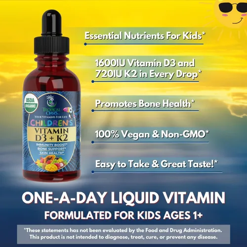 Miniatura 4 de Gotas líquidas USDA orgánicas de vitamina D3 K2 Suplemento de vitamina D3 K2 para niños y niños pequeños de 1 año en adelante Suplemento