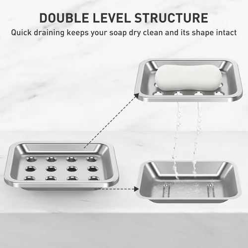 Miniatura 2 de Jabonera de acero inoxidable, soporte grande de doble capa para jabón, jabonera de metal para baño, ducha, cocina y encimeras de fregadero
