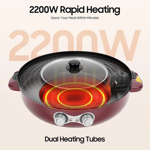 Miniatura 4 de Olla caliente con parrilla, olla eléctrica 2 en 1 de 2000 W con doble control de temperatura, parrilla multifuncional sin humo Shabu Shabu Pot Rojo