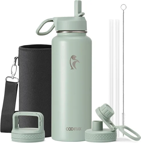Miniatura 52 de Coolflask Botella de agua de 20 onzas aislada con pajilla, 3 tapas de metal de acero inoxidable, botella de agua de boca ancha para deportes u