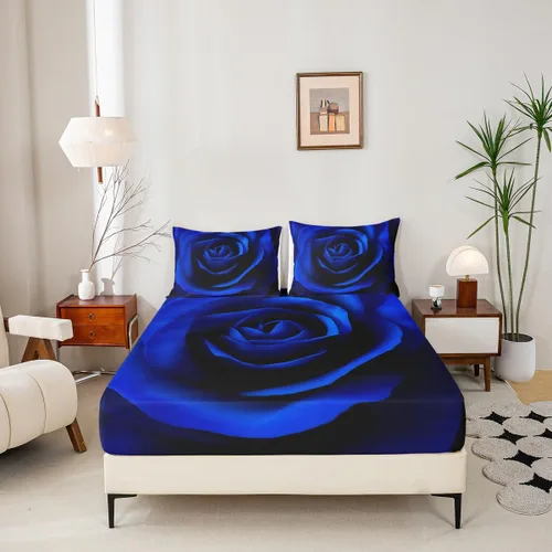 Miniatura 5 de Erosebridal Juego de sábanas de rosas tamaño individual, color azul, diseño romántico para mujeres, niñas, esposa, pareja, día de San Valentín