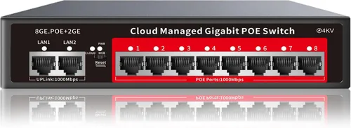 Conmutador PoE Gigabit de 8 puertos con 2 enlaces ascendentes Gigabit, compatible con 802.3af/at, 120W de potencia incorporada, conmutador PoE+