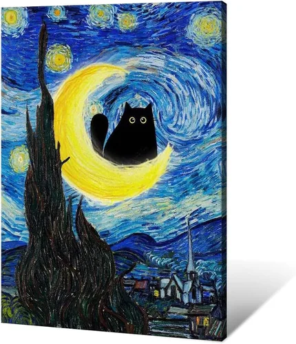 Lienzo decorativo para la pared, pinturas al óleo famosas, póster de gato negro, divertido estampado floral de gato abstracto, colorido, galería,