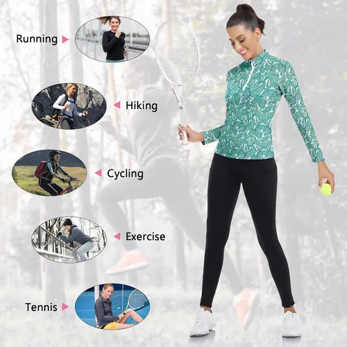 Miniatura 160 de WOWENY Camiseta deportiva de manga larga para mujer, con cremallera de un cuarto, cuello para entrenamiento, camiseta de tenis con estampado