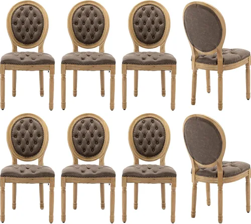 Miniatura 43 de Juego de 4 sillas de comedor francesas vintage, con respaldo redondo, tapizadas, de piel sintética, con ribete de cabeza de clavo y marco de madera