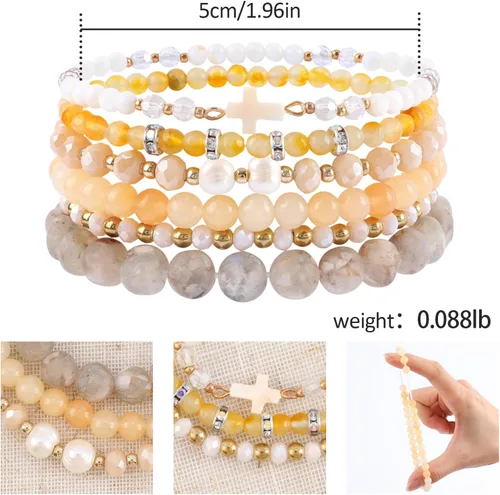 Miniatura 2 de Pulseras bohemias apilables de cuentas para mujer con dije de cruz, 6 pulseras elásticas de cuentas de piedra natural, cuentas de cristal de perlas