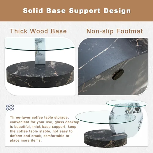 Miniatura 6 de Mesa de café de 35" de vidrio ｜ Mesa de café redonda ｜ Diseño de 3 niveles con superficie de vidrio templado ｜ Base de madera en color negro