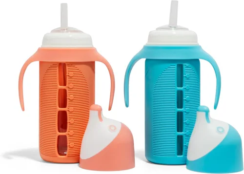 Tabor Place Juego de 2 - Vaso sippy de vidrio para niños pequeños - The Luca | A prueba de derrames | Popote de silicona | Azul y naranja | 8 onzas