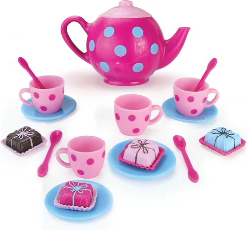 Sophia's Juego de té de lunares de 17 piezas con tetera y tazas más cuatro pasteles detallados Petit Four para muñecas de 18 pulgadas, rosa/azul