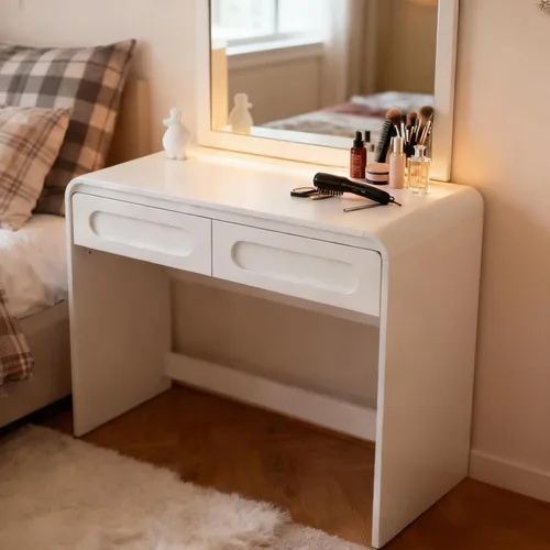 Miniatura 8 de Escritorio de tocador, escritorio de maquillaje con 2 cajones y espacio de escritorio, moderno tocador de maquillaje con diseño de perfil curvo