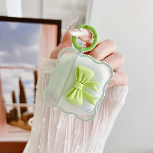 Miniatura 3 de Linda funda transparente para AirPods de 3ª generación, color verde, diseño de lazo femenino, TPU suave, a prueba de golpes, Kawaii Airpods
