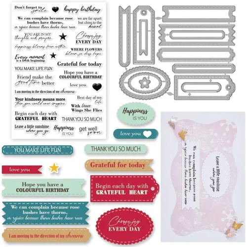 INFUNLY 2 sellos y troqueles de palabras de bendición para hacer tarjetas, palabras alentadoras, citas motivacionales, sellos transparentes de