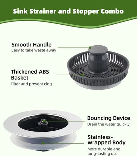Miniatura 6 de Tapón universal para fregadero de cocina, tapón de fregadero de cocina desplegable 3 en 1 con carcasa envuelta de acero inoxidable cromado