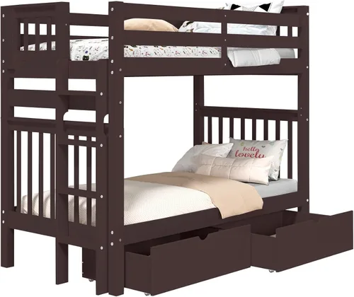 Miniatura 4 de Bedz King Literas altas de tamaño individual sobre individual, estilo Mission con escalera lateral y 2 cajones debajo de la cama, color cereza oscuro