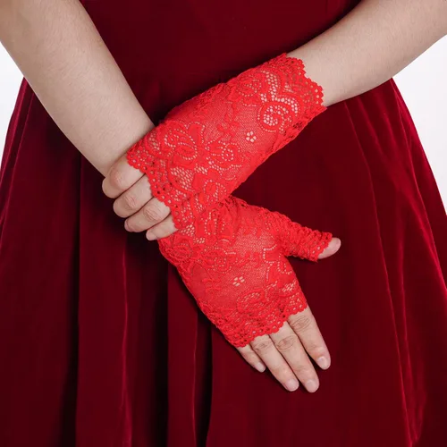 Miniatura 4 de obmwang 2 pares de guantes de encaje para mujer, guantes florales sin dedos, guantes de graduación para boda, fiesta, accesorios de disfraces