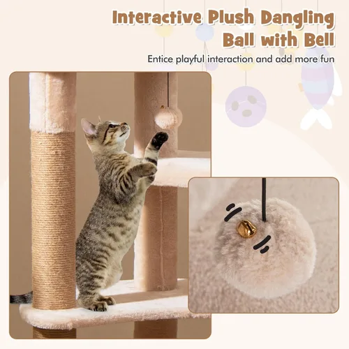 Miniatura 8 de Tangkula Árbol moderno para gatos, torre para gatos de 65 pulgadas de alto con postes rascadores de yute, bolas colgantes, cesta de espadaña