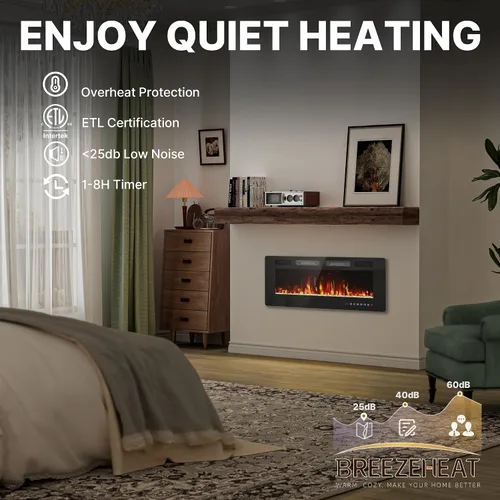Miniatura 6 de BREEZEHEAT Chimenea Eléctrica Ultrafina de 42 Pulgadas - Calentador de Chimenea Independiente o Empotrado en la Pared, Control Remoto, Pantalla