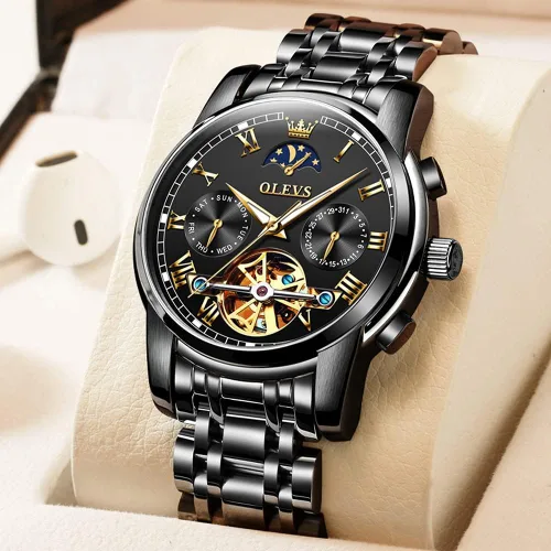 Miniatura 2 de OLEVS - Reloj mecánico automático Tourbillon Slef-Wind lujoso de acero inoxidable resistente al agua luminoso y con fecha