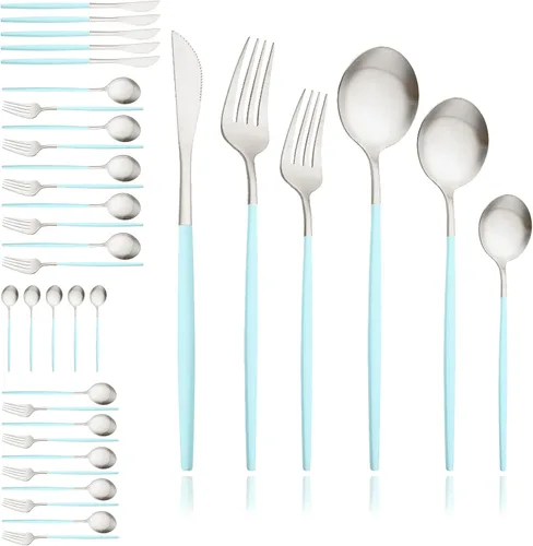 Miniatura 14 de JASHII Juego de cubiertos mate de 36 piezas con mango plano acabado satinado negro acero inoxidable cubiertos servicio para 6 para cocina casera