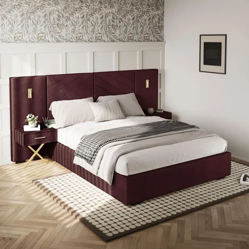 Miniatura 11 de DEINPPA Base de cama Queen de lujo con luces LED doradas integradas y mesitas de noche, cama de plataforma tamaño Queen con cabecera tapizada