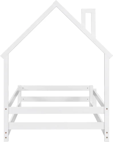 Miniatura 7 de Cama de madera de tamaño individual con cabecera en forma de casa con vallas, altura baja al suelo, para dormitorio de niños y niñas (azul claro-01)
