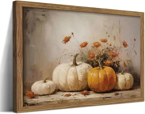 Arte de pared vintage enmarcado de calabaza, impresión en lienzo de cosecha de otoño, decoración rústica de otoño, decoración de pared de Halloween