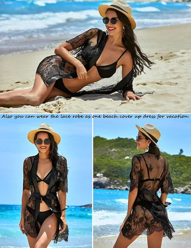 Miniatura 5 de Avidlove - Bata de noche tipo kimono para mujer, de encaje floral, camisón de malla transparente, lencería tipo babydoll