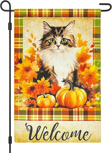 Bandera decorativa de arpillera de otoño para jardín, 12 x 18 pulgadas, de doble cara, calabaza, cachorro, madrás, a cuadros, pequeñas banderas