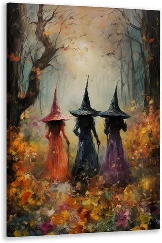 Póster vintage de Halloween para decoración de pared, de terror, otoño, bruja, aquelarre entre las flores silvestres, arte de pared de bruja mágica