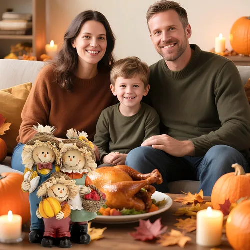 Miniatura 6 de Hodao Decoraciones de Acción de Gracias para mesa, figura familiar de espantapájaros de resina de otoño con cesta de calabaza, maíz y manzana