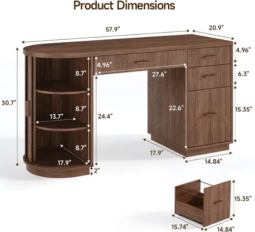 Miniatura 2 de ONBRILL Escritorio ejecutivo acanalado de 58 pulgadas, escritorio para computadora con cajones de almacenamiento y cajón de archivos, moderno Nogal