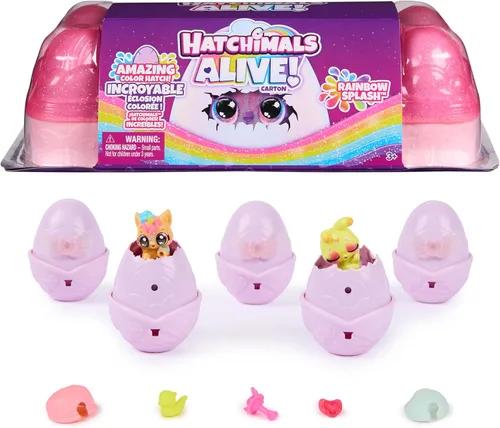 Hatchimals Alive, Rainbow Splash Cartón de Huevos, 5 Mini Figuras en Huevos de Revelación de Color y 10 Accesorios, Regalos y Rellenos de Media para