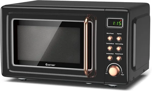 Horno microondas retro para encimera, grande de 0.7 pies cúbicos, 700 vatios, encimera de acero laminado en frío con ajuste de tiempo, placa