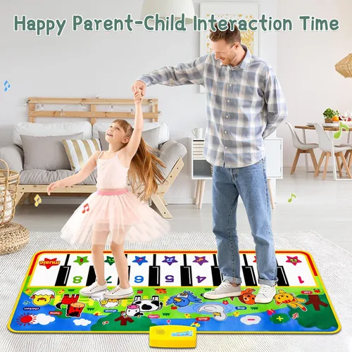 Miniatura 6 de M SANMERSEN Tapete de piano, 53'' x 23'' juguetes musicales para niños pequeños, tapete de juego táctil de piano de piso con 8 sonidos de animales