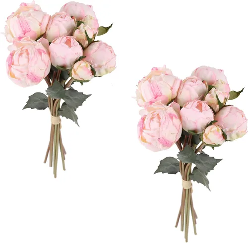 Peonías Rosas Flores Artificiales 2 Ramos Peonías Vintage 18 piezas Peonías Rosas con Tallos Largos Individuales Flores de Seda para Decoración de