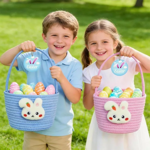 Miniatura 6 de Cesta de Pascua, cestas de Pascua para niños, cesta de Pascua personalizada para niños y niñas, juego de 2 huevos de conejo vacíos, niños, niñas