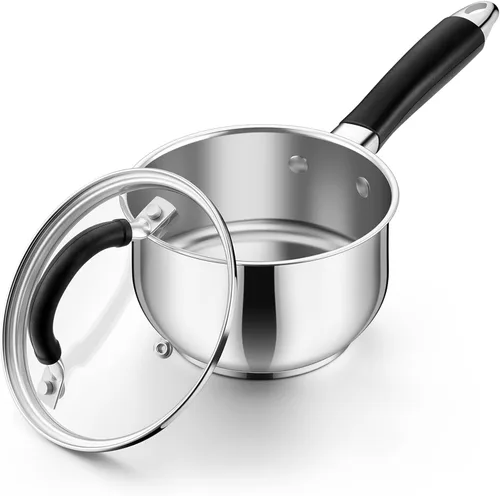 P&P CHEF - Cacerola de acero inoxidable de 1 cuarto de galón con tapa, pequeña olla de leche para cocina multiusos, tapa de vidrio visible y asa de