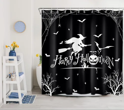 Miniatura 4 de HVEST Cortina de ducha de Halloween y alfombras de baño, escoba de bruja, murciélago, telaraña y árbol muerto sobre tapete de baño, cortina de ducha
