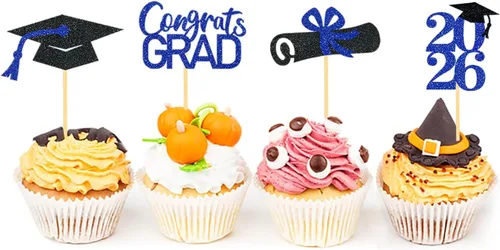 Miniatura 4 de 24 adornos de graduación para cupcakes, decoraciones de graduación negras y azules para la clase de 2026 (negro y azul)
