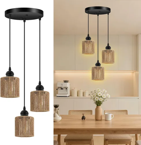 Miniatura 10 de BoostArea Luces Colgantes de Ratán para Isla de Cocina, Candelabro de Estilo Rústico con Pantalla de Mimbre Tejida a Mano, Luz Colgante Bohemia