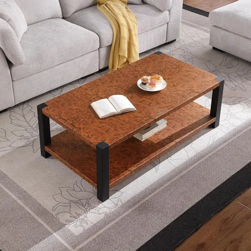WOKER FURNITURE Mesa de centro de metal rectangular industrial de 51 pulgadas de 2 niveles con acabado de madera Burl para sala de estar