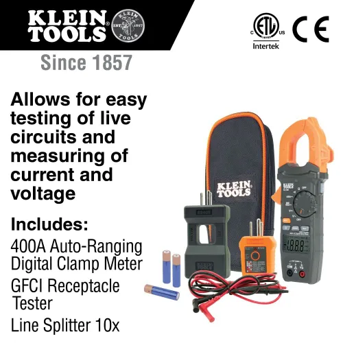 Miniatura 3 de Klein Tools CL120KIT - Kit de medidor de abrazadera digital de rango automático y probador de salida GFCI RT250 con pantalla LCD, probador