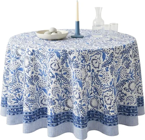 Miniatura 48 de ATOSII Mantel Redondo Bohemio Jade de Algodón 100%, Mantel de Lino con Estampado Floral de Bloques para Comedor, Fiestas, Bodas, Exteriores I