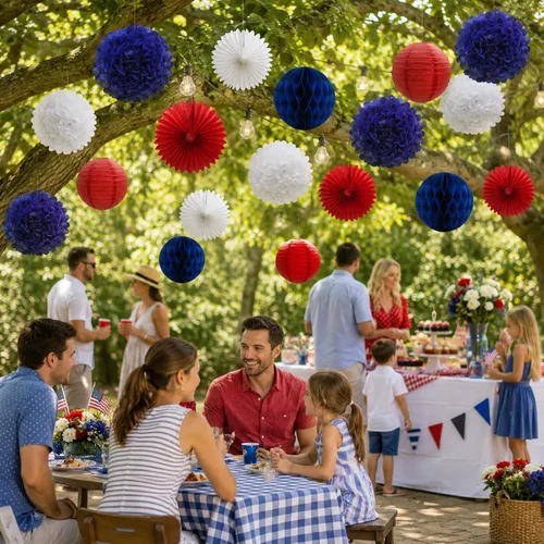 Miniatura 5 de ADLKGG Juego de 16 piezas de decoración de fiesta colgante azul marino, rojo y blanco, pompones de papel de seda, flores, bolas de panal, linternas