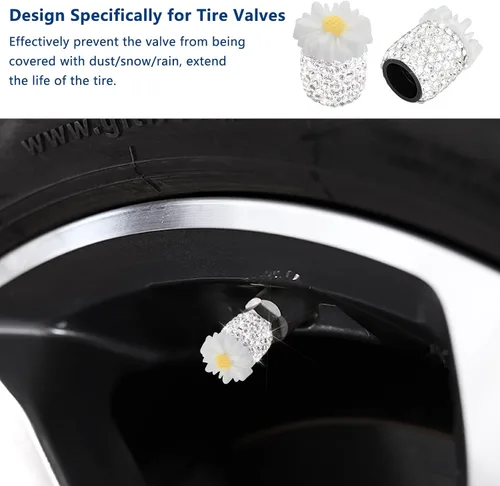 Miniatura 2 de 4 Pack de tapas de vástago de válvula brillantes con cristal de rhinestone en forma de margarita a prueba de polvo, universal para autos, camiones